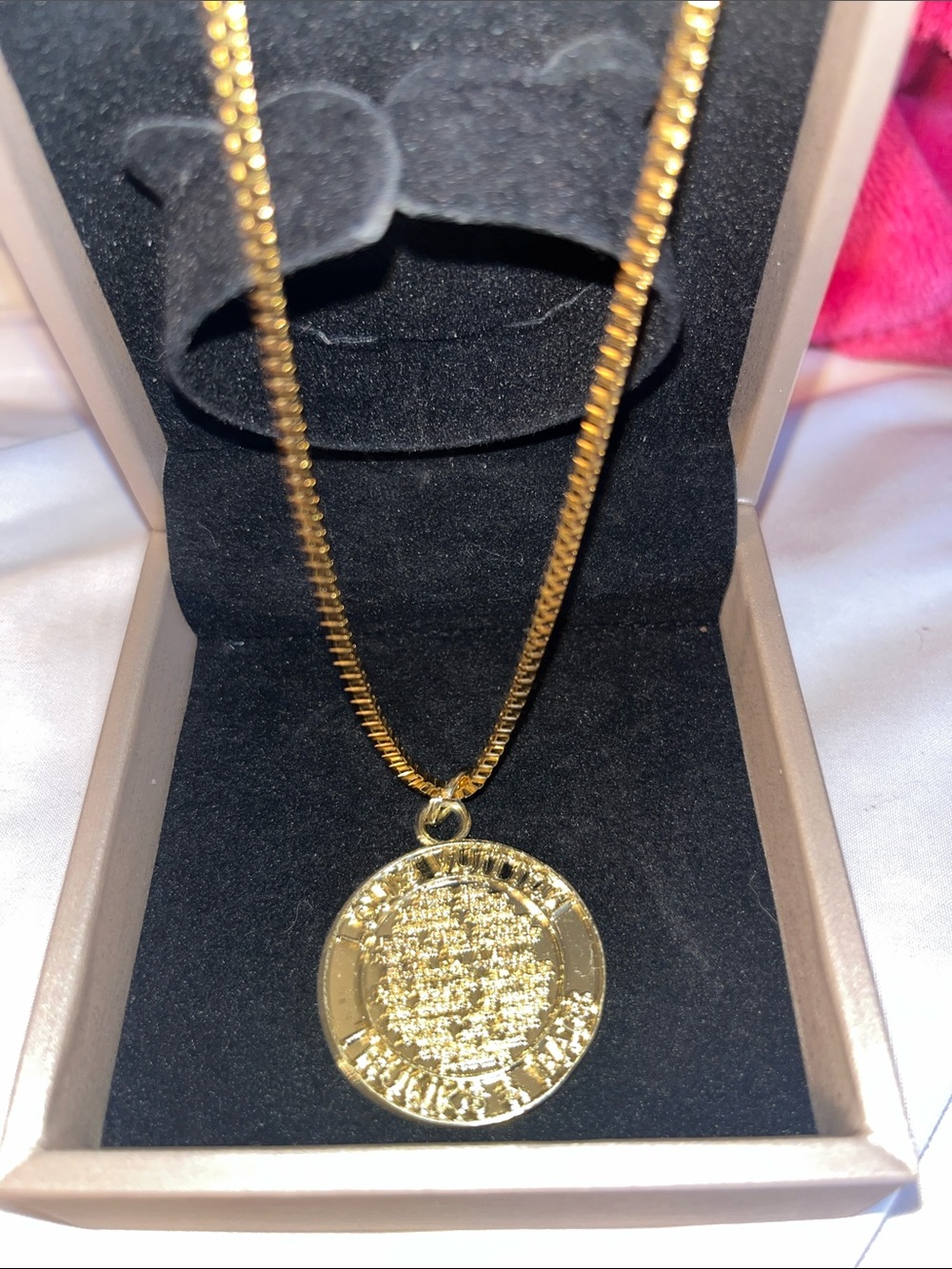 Gold Round Textured Coin Pendant Necklace - Women Jewelry